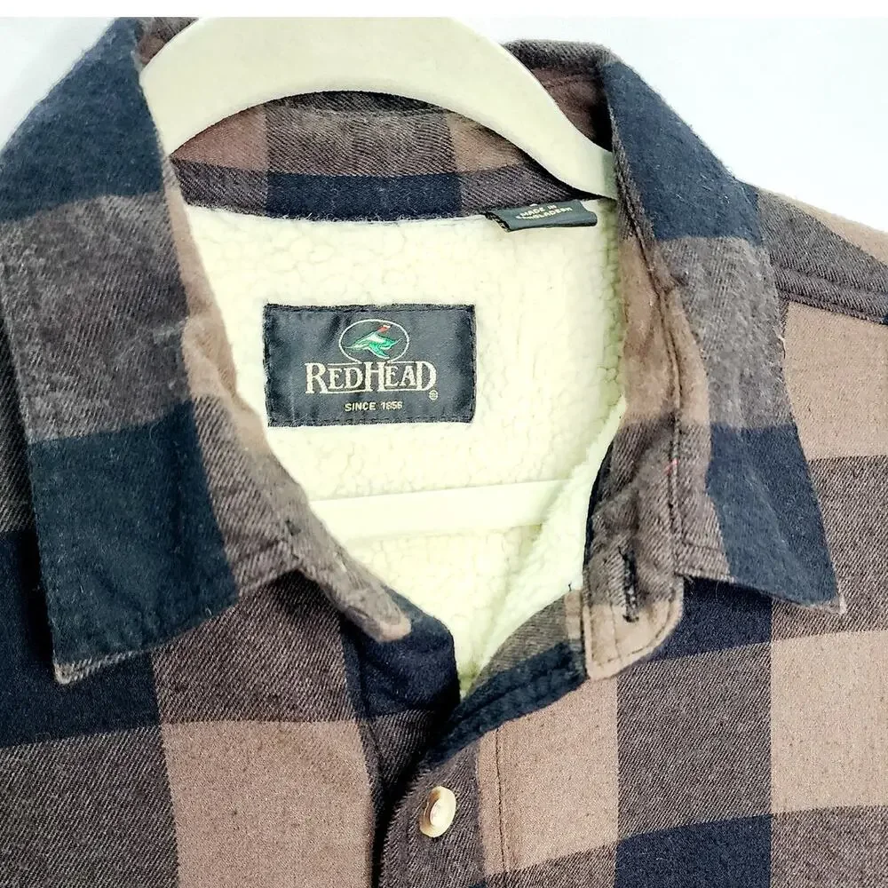 Men's Plaid Flannel Shirt Jacket Large Brown Buffalo Check Button Up Shacket